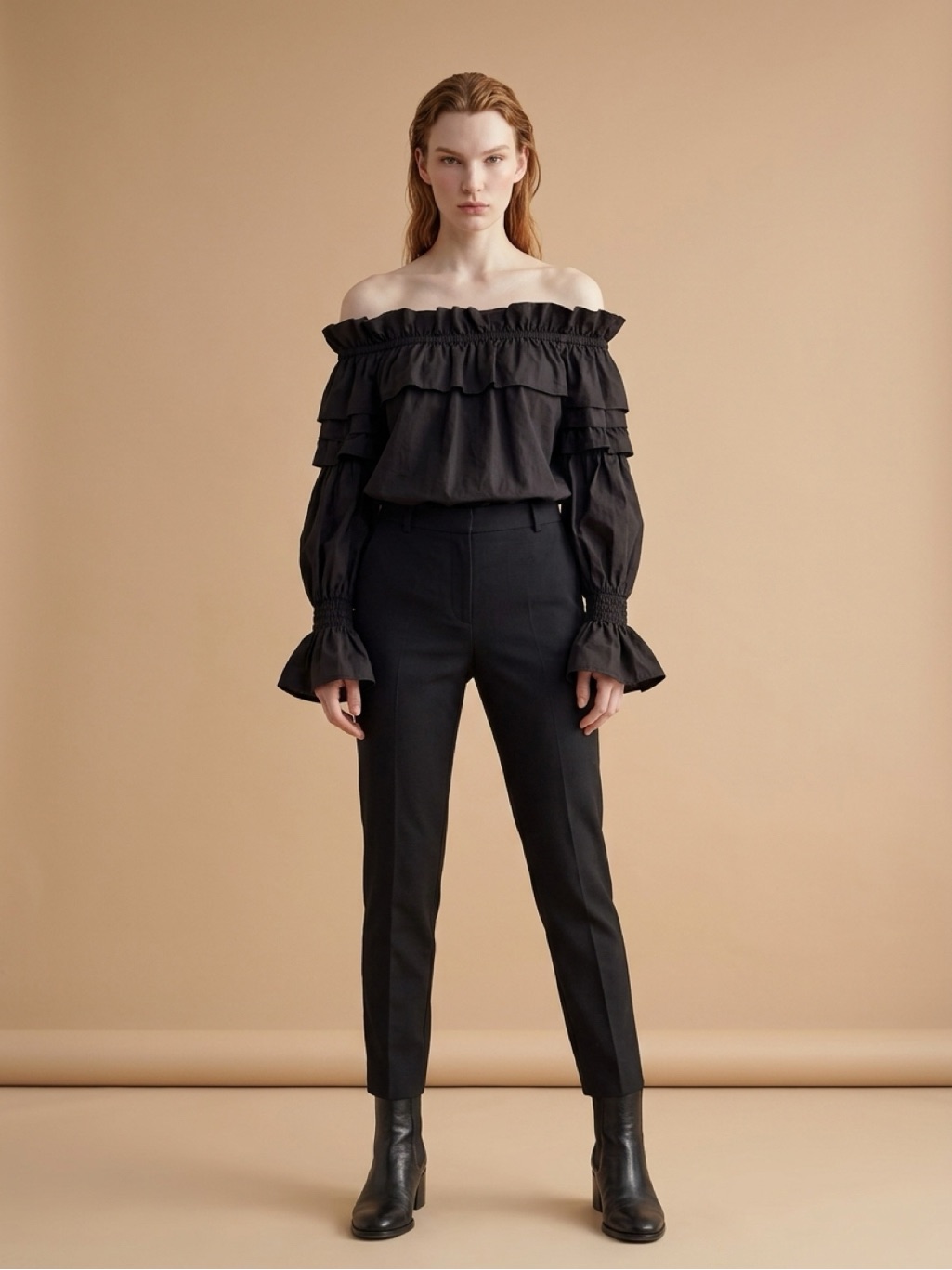 Luisa Spagnoli Black Off-Shoulder Ruffled Blouse